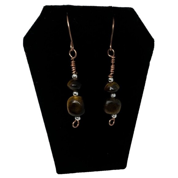 Copper And Tiger's Eye Stone Dangle Earrings Handmade Copper Ear Hooks - Picture 1 of 8